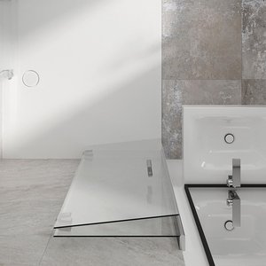 Ein modernes Badezimmer mit einer eleganten Dusche und einer freistehenden Badewanne, umgeben von hellen Fliesen und Glas.
