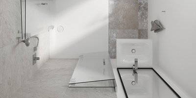 Ein modernes Badezimmer mit einer eleganten Dusche und einer freistehenden Badewanne, umgeben von hellen Fliesen und Glas.